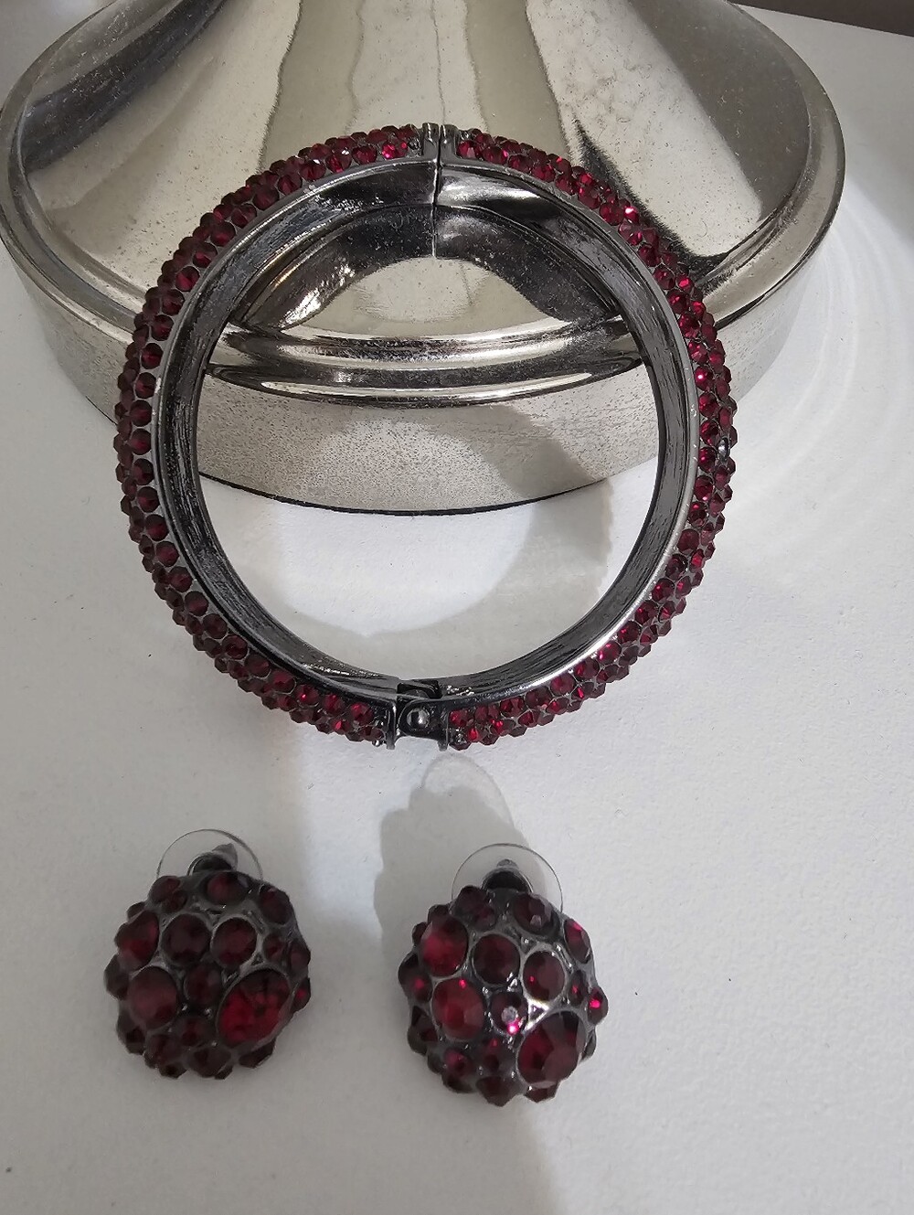 Charming Charlie Red Crystal Pavé Bangle and Stud Earrings Set